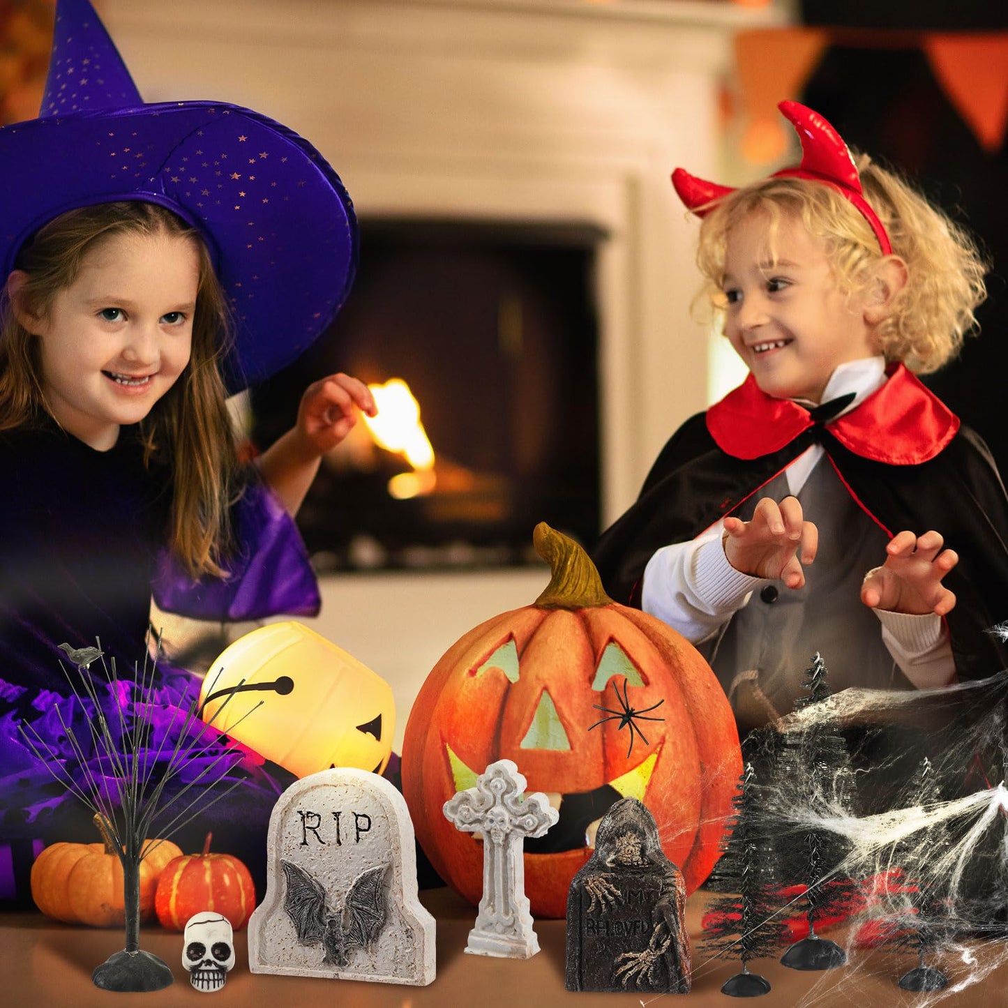 Liliful 32 Pcs Halloween Village Accessories Ornaments Set Spooky Halloween Town Tombstones Skeleton Tiny Trees Fake Spiders Decor Village Set for Party Town Decorations