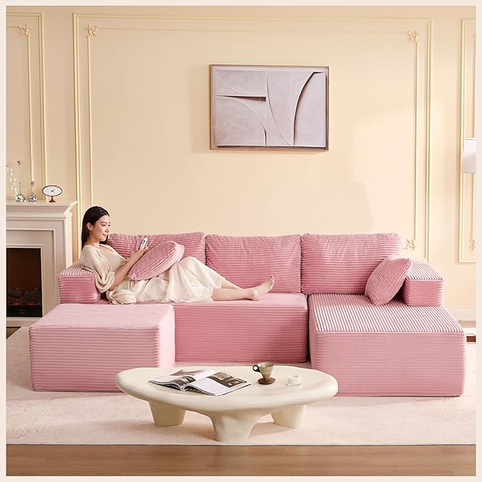 Afuson 107" Boneless Couch with Deep Seat, Modular Sectional Sofa, Cloud Sectional Couch for Living Room, No Assembly Required, Corduroy, U-Shape 3 Seater Right, Pink