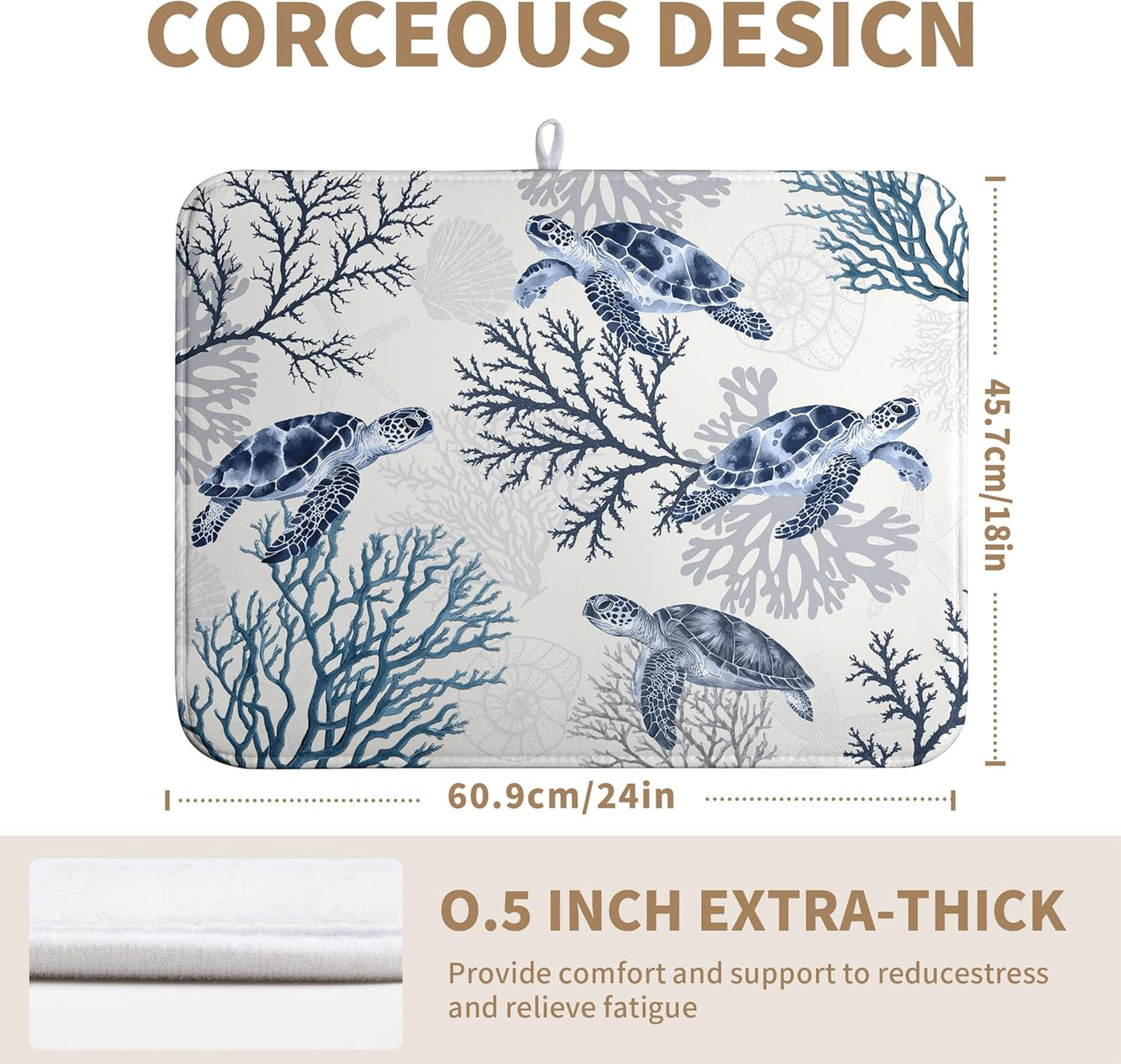 Summer Nautical Coastal Dish Drying Mat for Kitchen Counter Ocean Coral Sea Turtle Drying Rack Mats Beach Blue Dishes Drainer Mat Absorbent Microfiber Large Dish Draining Pad 18x24 Inch