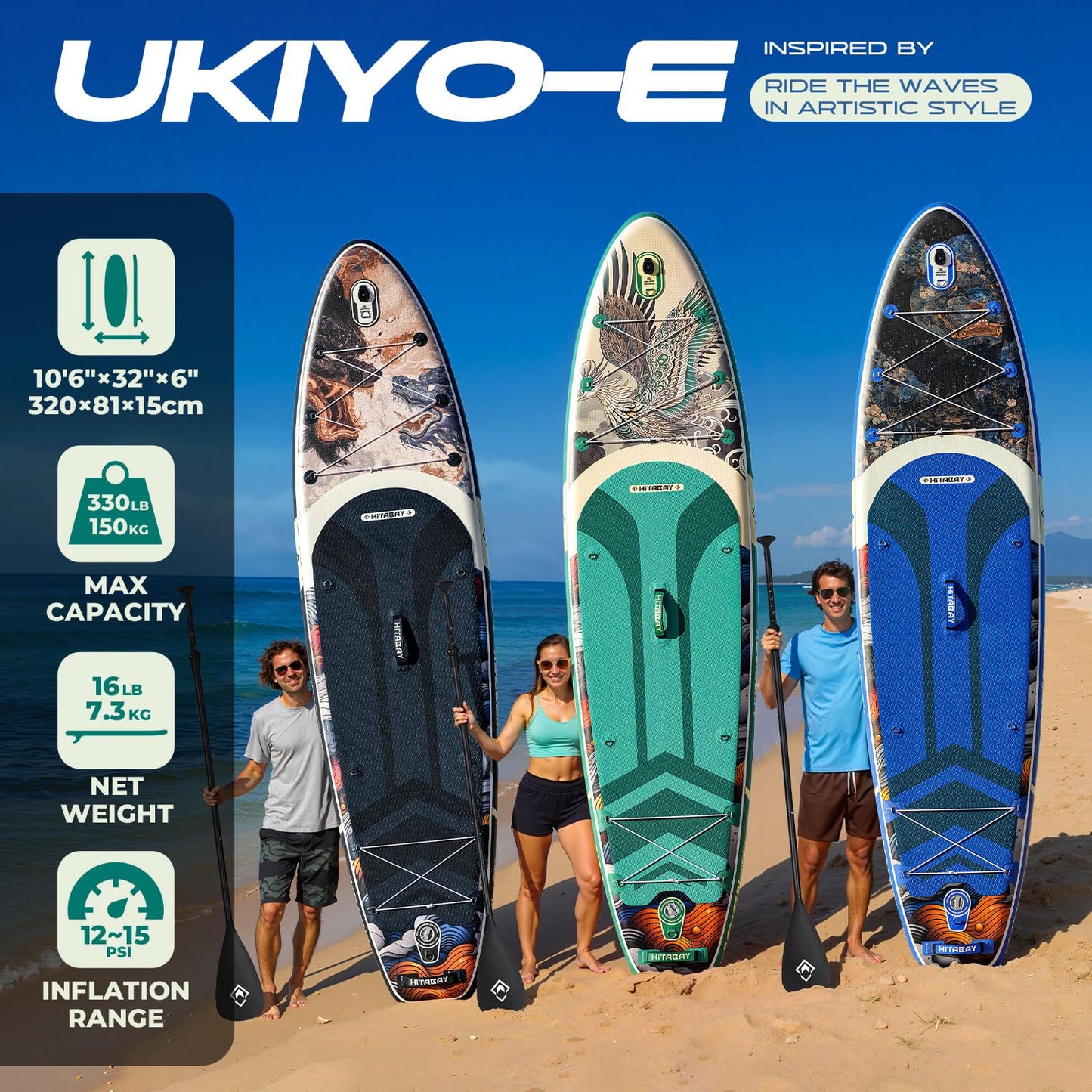 Inflatable Paddle Board for Beginners, All-Round SUP with Ukiyo-e Inspired Design, Stable and Durable Stand Up Paddle Board with Complete Accessory Kit, 10'6" SUP Board