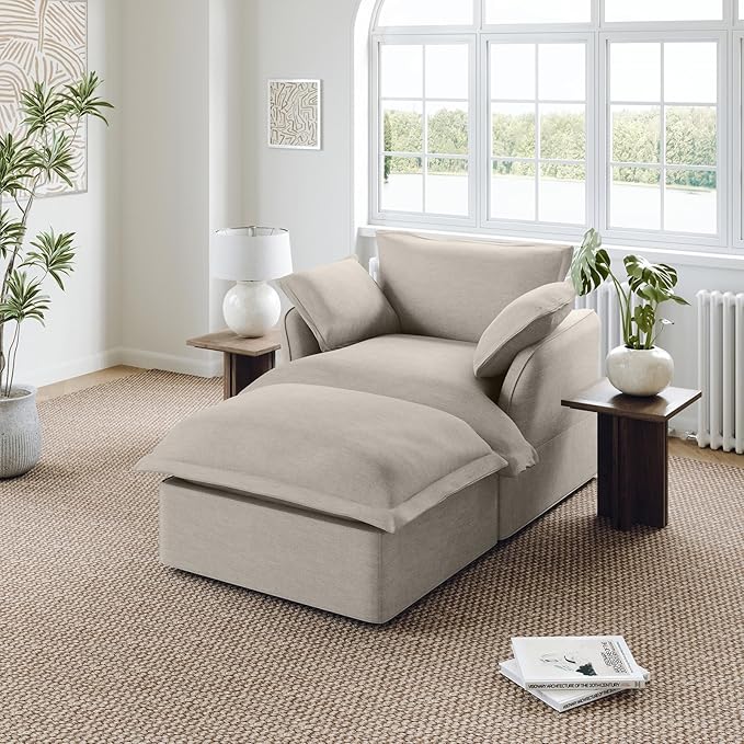 Lopzeho 48” Oversized Chaise Lounge Chair, Modular Sectional Sofa, Down Fill Cloud Couch with Washable Cover, Single Seater with Ottoman, Sectional Couches for Living Room Apartments, Light Gray