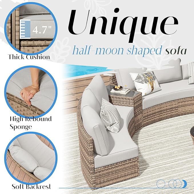 Patio Furniture Sets, 11 Piece Half-Moon Sectional Round Sofa Set, Outdoor Patio Furniture with Cushions & Wedge Table for Beach, Pool, Balcony, Beige
