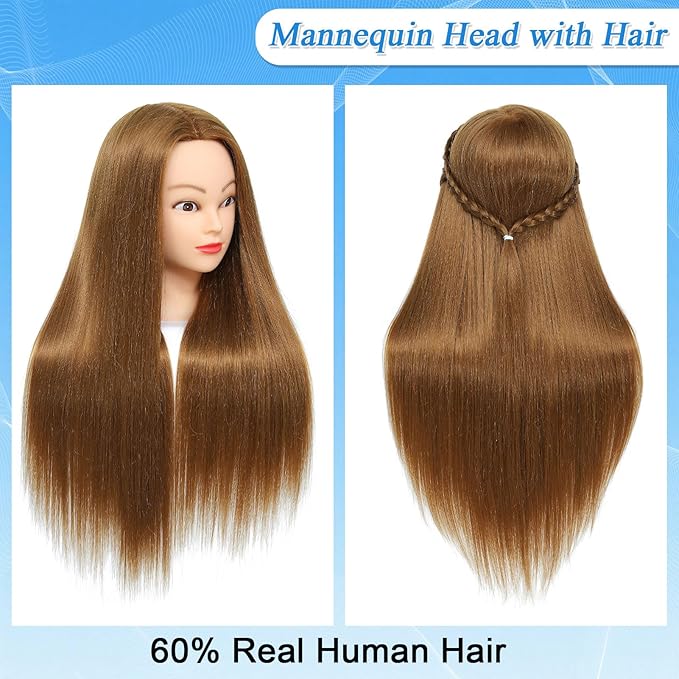 Mannequin Head Human Hair for Cosmetology, Manikin Head with 80% Real Hair for Styling Doll Head Braiding Practice Mannequin Heads Hairdresser Hairstylist Kids with Free Clamp Holder (Light Brown 27)