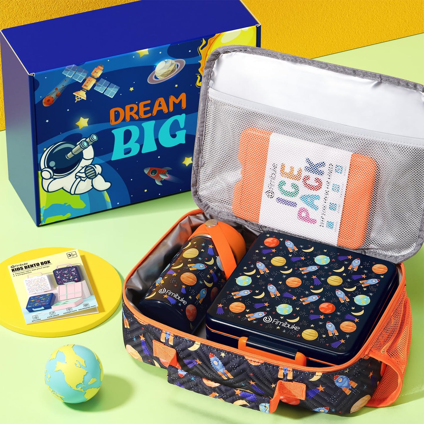 Fimibuke Kids Bento Lunch Box with 4 Compartments, Insulated lunch Bag, Stainless Steel Insulated Water Bottle, Ice Pack & Utensils Set, Birthday Gifts for Ages 3-12 Back to School Toddler Girls Boys