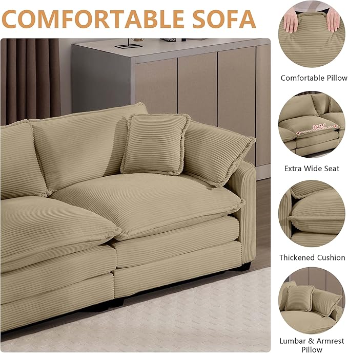 mikibama Luxury 3 Piece Sofa Set, 3-Seater & 2 Loveseat Couch Set, Modern Corduroy Comfy Cloud Couches Set for Living Room Office with 6 Armrest Pillows and 7 Toss Pillows, Camel
