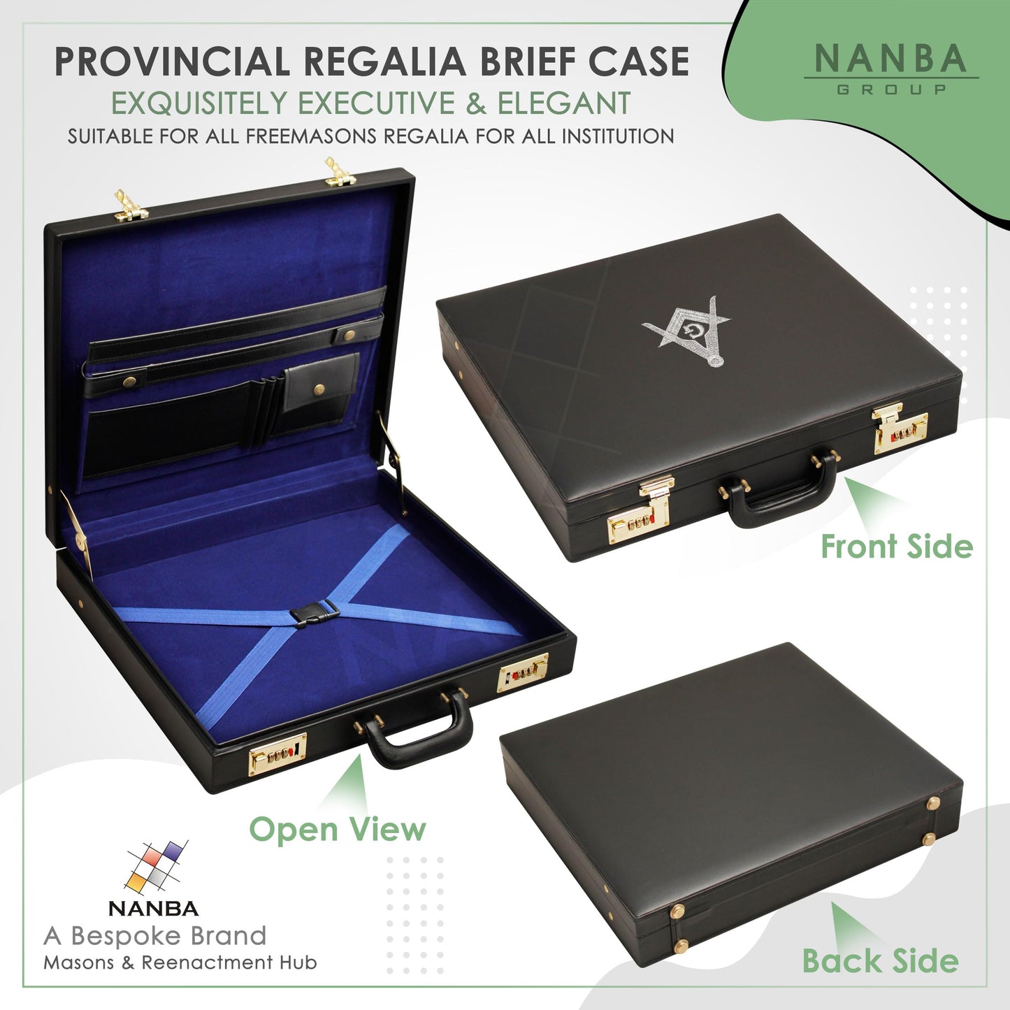 Premium Masonic Regalia Provincial Apron Hard Briefcase Myler Machine Embroidery– Black Imitation Leather Hard Case with Square Compass G Emblem (Silver) | Freemason Bags & Storage Case