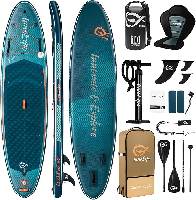 InnoExpo 11' Inflatable Stand Up Paddle Boards with Premium Accessories, Wide Stable SUP Paddle Board Design, Non-Slip Com...