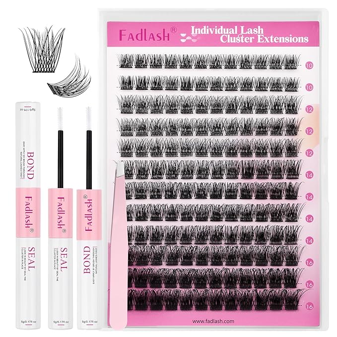 FADLASH Lash Clusters Kit 10-16mm Eyelash Cluster Lashes with Lash Bond and Seal Lash Tweezers DIY Lash Extension Kit (J03-07D-10-16 Kit)