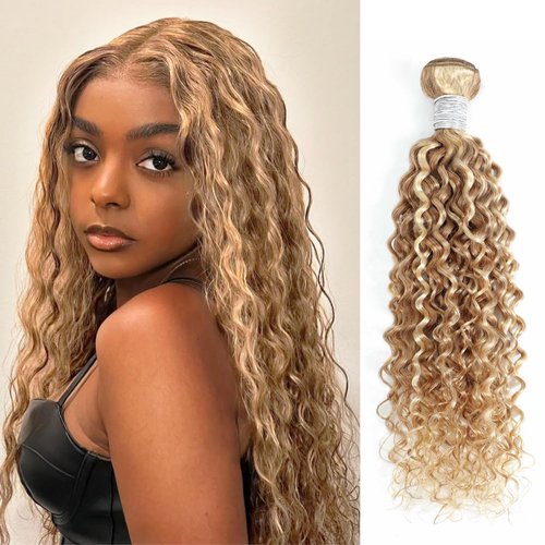 AUROO 27/613 Ombre Blonde Single Bundle Human Hair Water Wave 22 Inch, 13A Grade Highlighted Multi-Blonde Human Hair Wet n Wavy Curly Bundle 100% Raw Brazilian Silky Colored Hair Weaves Extension