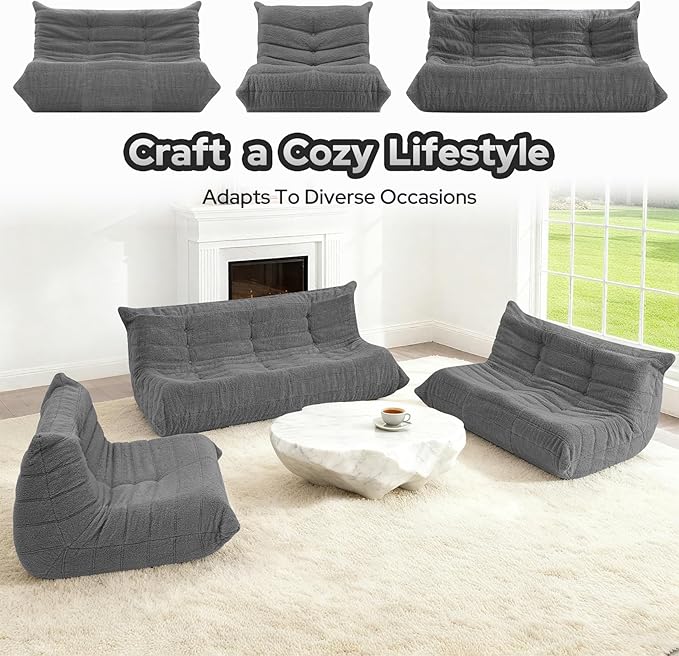 HABUTWAY Bean Bag Chairs Fireside Lazy Floor Sofa, Soft Teddy Fleece 3 Seater Sofa with High-Resilience Foam Filling，Beanbag for Living Room, Bedroom, Office (Dark Grey Teddy)
