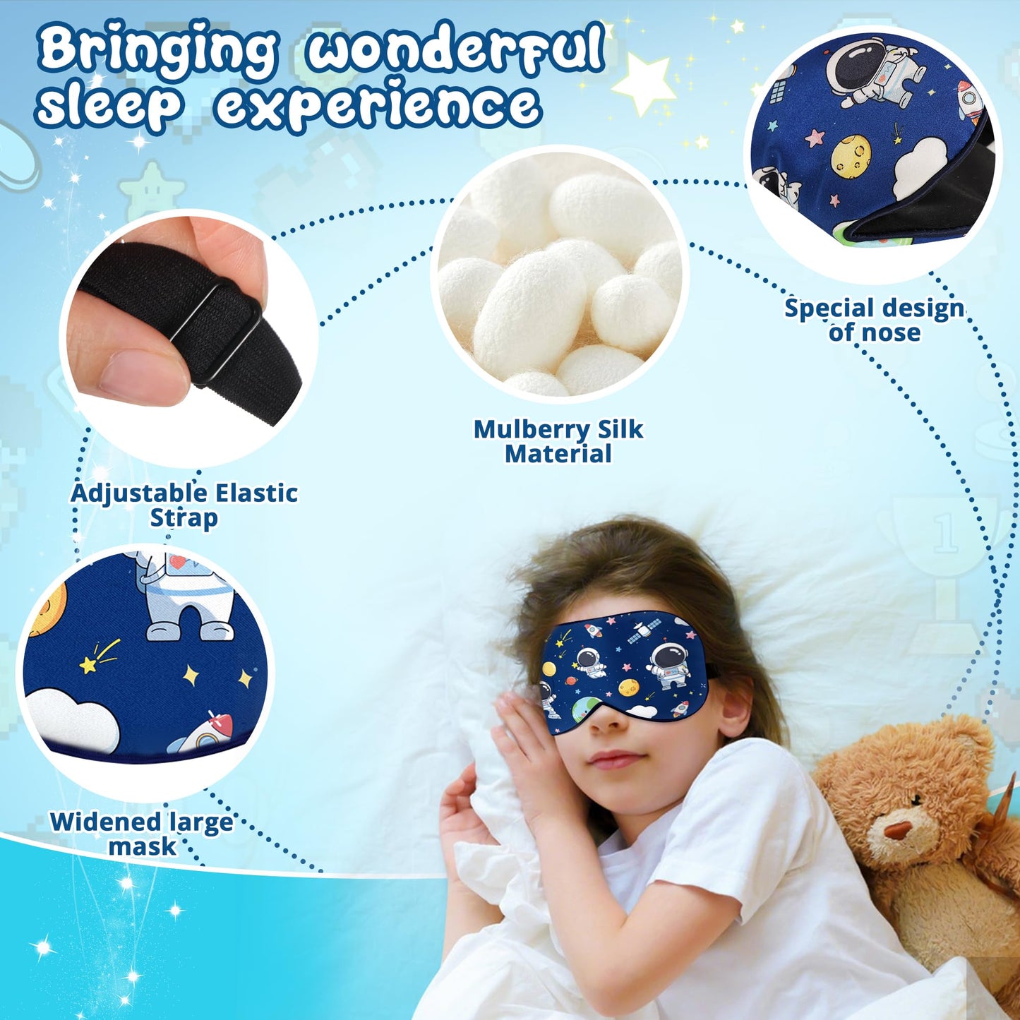 Kids Sleep Mask Eye Cover: 100% Real Natural Pure Silk Eye Mask with Adjustable Strap, Funny Blindfold Kids Eye Mask for Sleeping, Soft & Lightweight Eye Shade for Boys Girls Teens (Space Style)