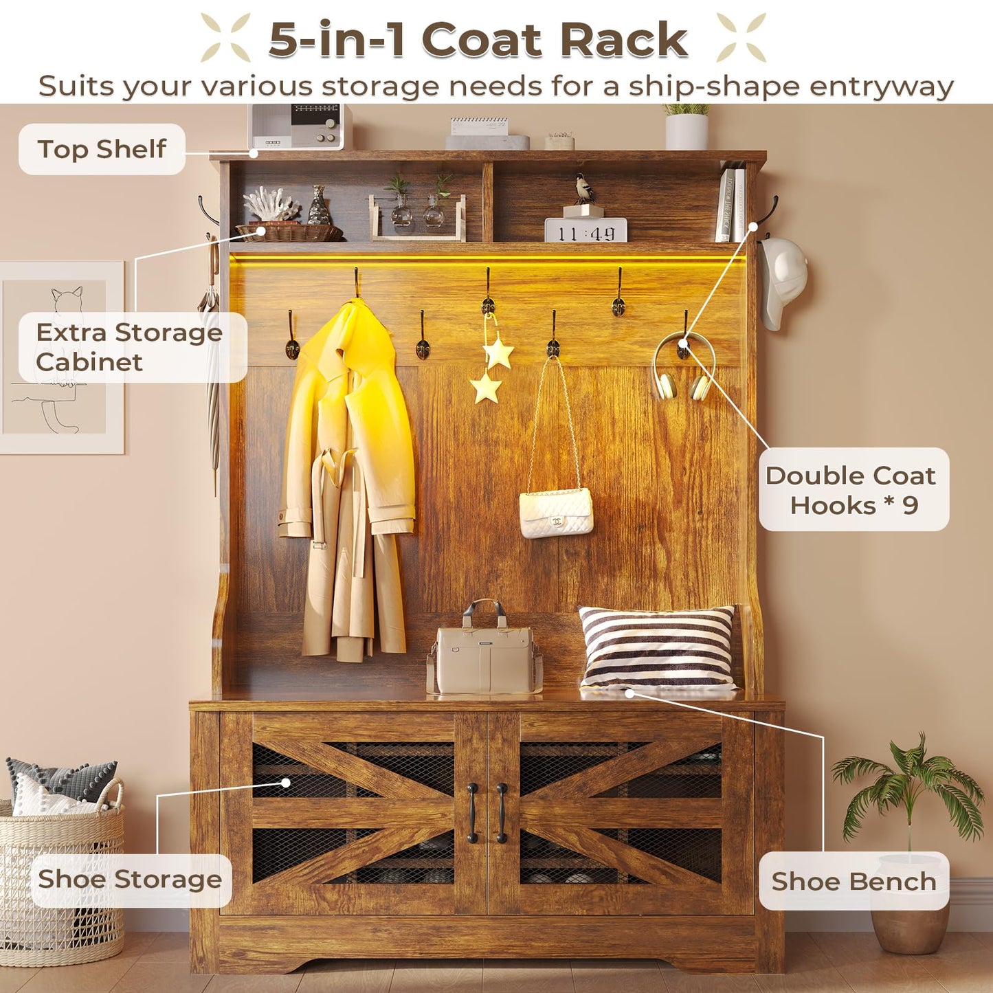 Itaar Hall Tree with Bench and Shoe Storage, 5-in-1 Entryway Bench with Coat Rack, 10 Shoe Cubbies & 9 Coat Hooks, Barn Door & Adjustable Shelf (Rustic Brown)