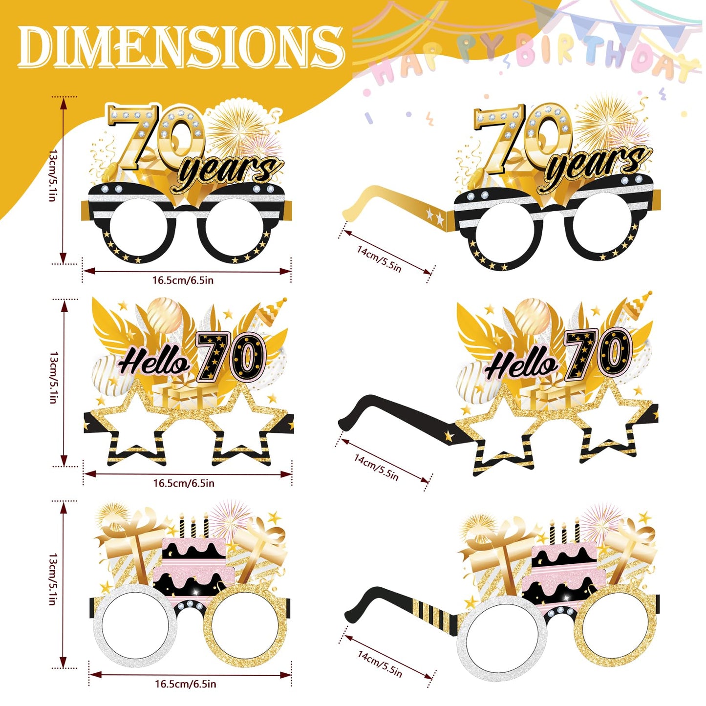 Konsait 70th Birthday Glasses - 18 Pack Paper Glasses for Men & Women, 70th Birthday Party Favors & Props