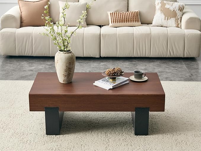 LKTART 46'' Rectangle Coffee Table for Living Room, Walnut Wood Grain Pattern Thick Sturdy Legs Coffee Table with Storage for Dining Room Apartment Small Space (Walnut Wood)