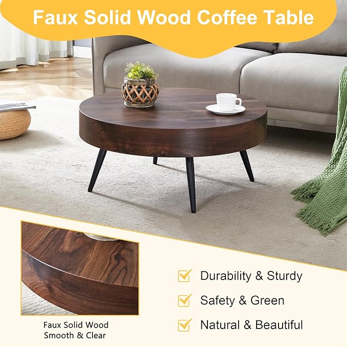 LKTART Coffee Table for Living Room, Round Wood Coffee Tables with Storage, Modern Metal Accent Center Tea Table for Apartment Small Space (31Inch-Walnut)