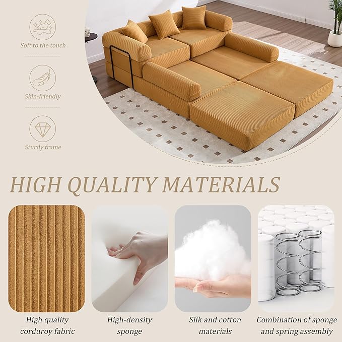 106" Oversized Convertible Sleeper Sofa Bed, Corduroy L Shape Sectional Couch, Folding Sofa Bed with Side Pocket, Modern Cloud Floor Mattress Couch, Modular Sofa for Living Room, Mustard Yellow