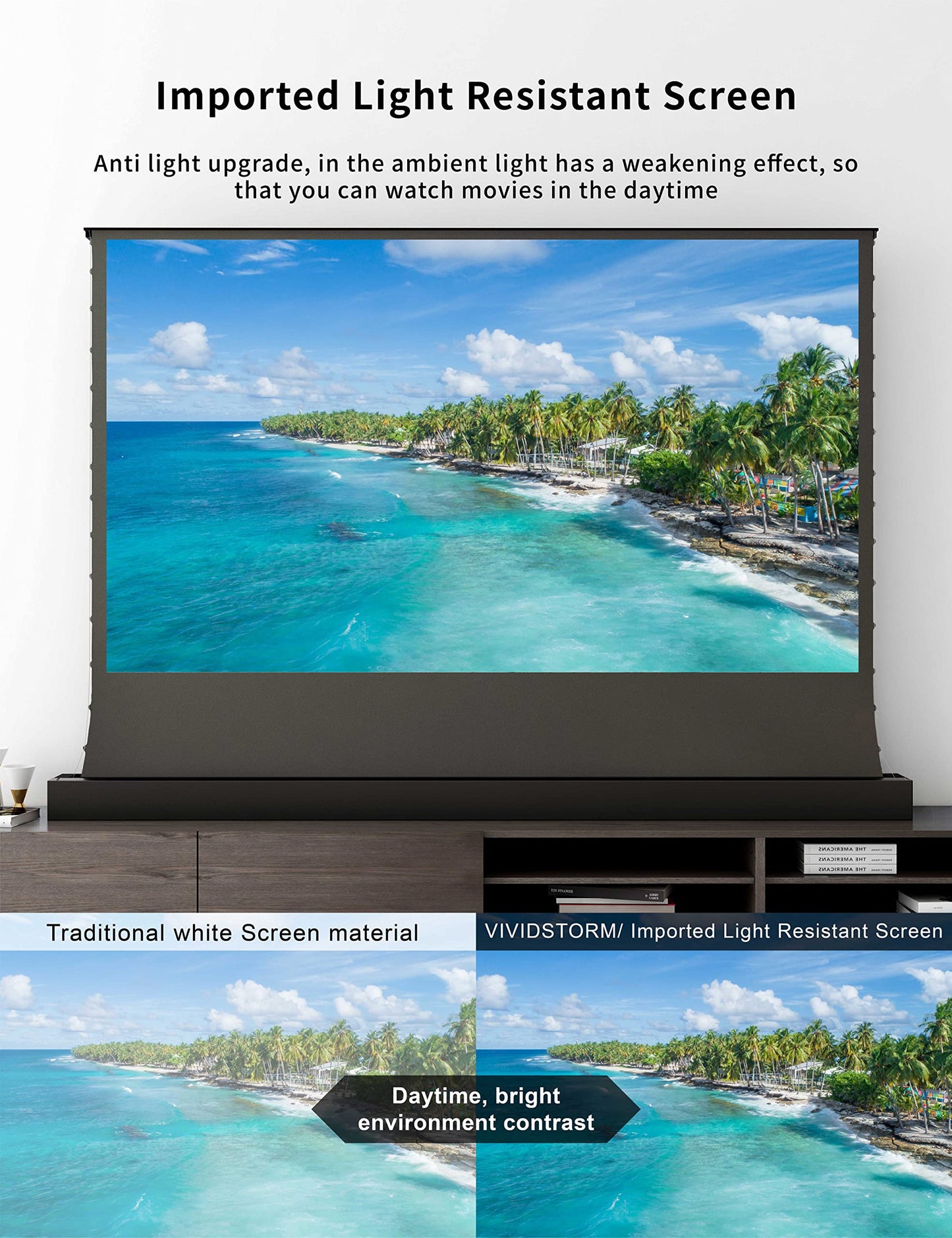 VIVIDSTORM-Projector Screen,Long Focus Ambient Light Rejecting Screen,Black Housing Motorized Floor-Rising Projection Screen,Suitable for Lumen up to 2500ANSI of Normally Projector,VSDSTALR135H