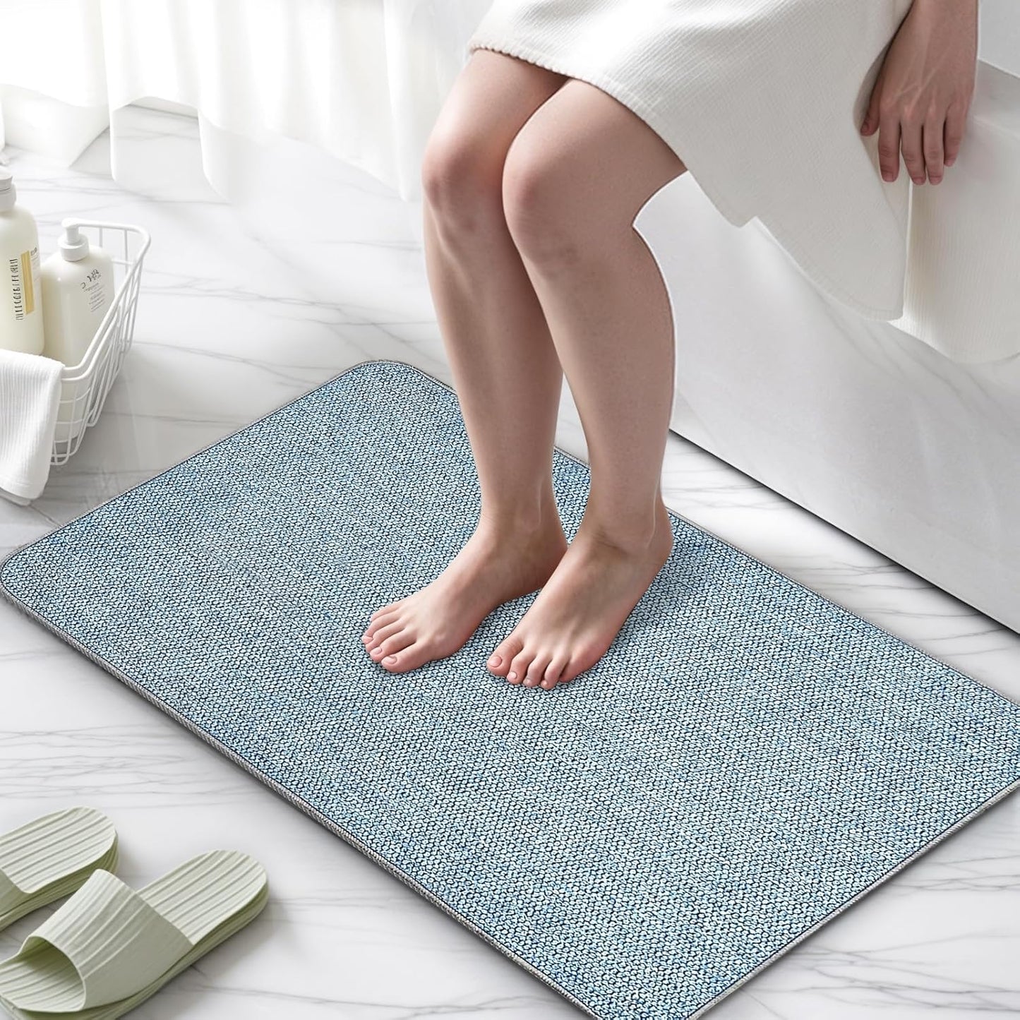 Upgraded Bathroom Rugs 24x36Inch, Thin Bath Mat with Rubber Backing Non-Slip, Absorbent,Quick Dry Machine Washable, Home Decor Accessories Cozy Cloth Bathroom Mat fit Under Door/Sink/Tub/Shower-Blue