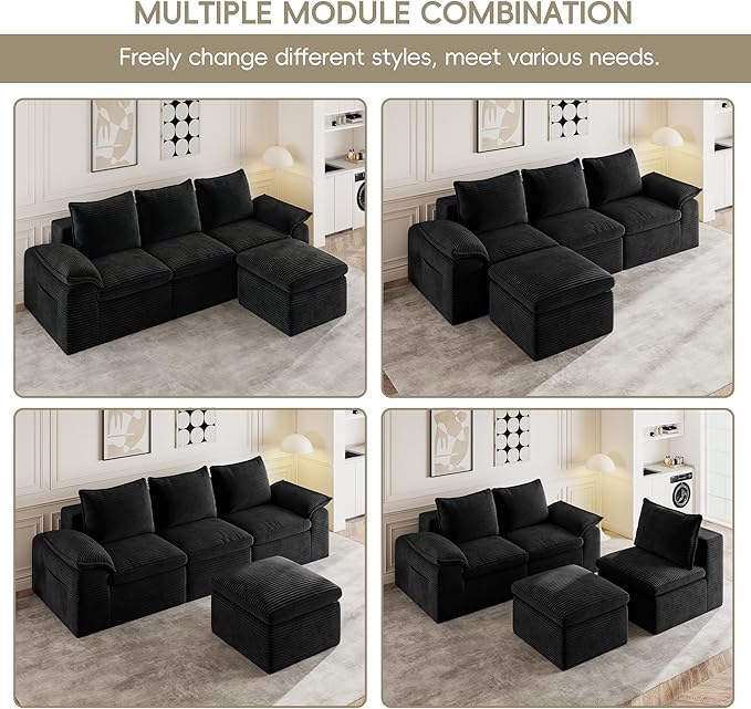 Buytime 104" Comfy Cloud Couch, Convertible Boneless Couches for Living Room, L Shaped Modular Sectional Sofa with Deep Seat, Double-Layer Cloud Cushion and Headrest, Black