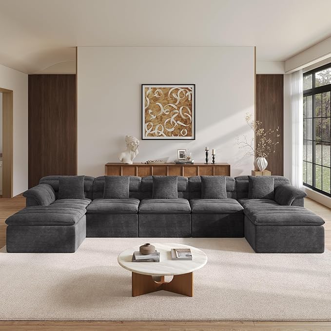SUNG7 172" Modular Sofa with Ottoman, Boneless Cloud Couch with Deep Seat, Comfy U-Shape Corduroy Couches for Living Room, No Assembly Required, Dark Gray