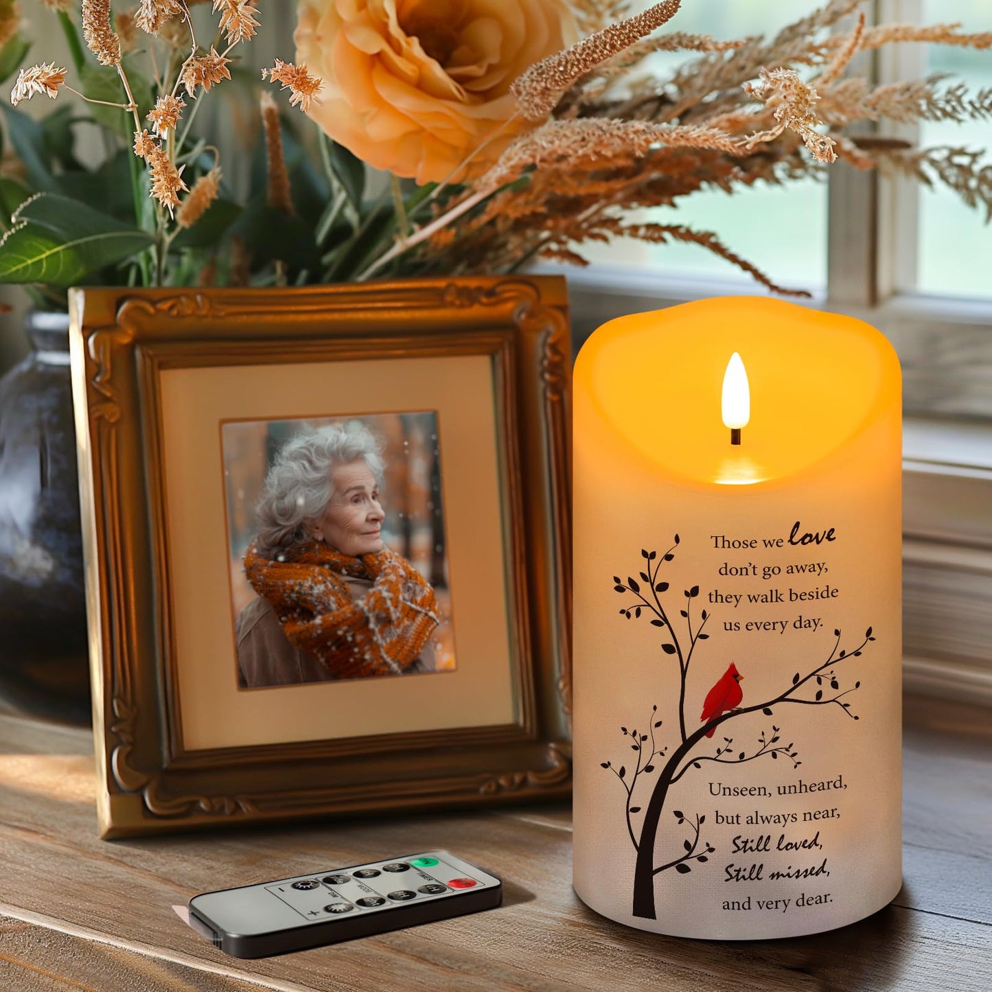 HN HAIINAA Flameless Memorial Candle, Real Wax LED Light with Remote Sympathy Gifts for Loss of Loved One, Mother, Father - Remembrance Gift (4" x 7")