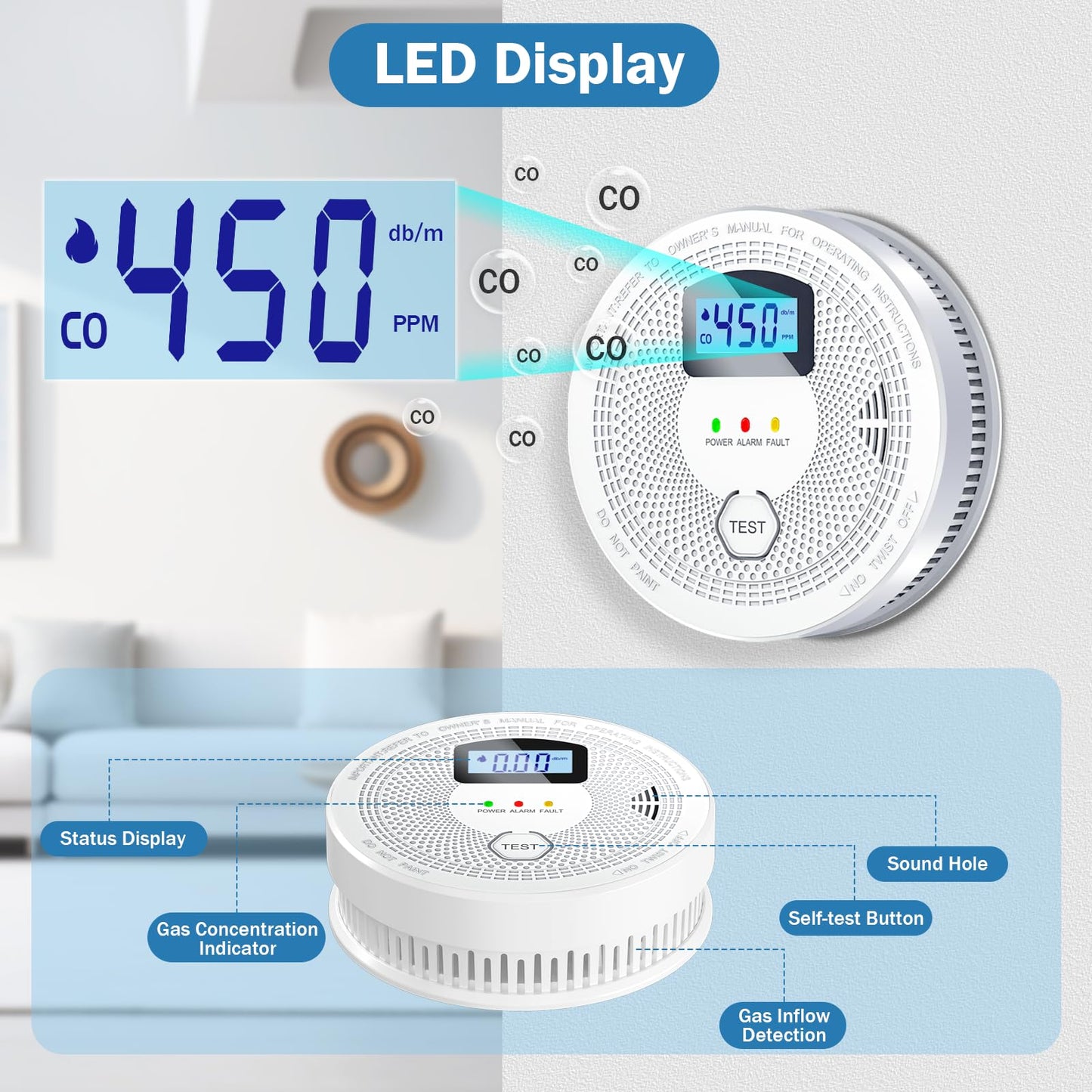 Smoke Detector and Carbon Monoxide Detector Combo with LED Indicators, 2 in 1 CO & Smoke Alarm, Battery Operated Smoke and Carbon Monoxide detectors 3-Pack