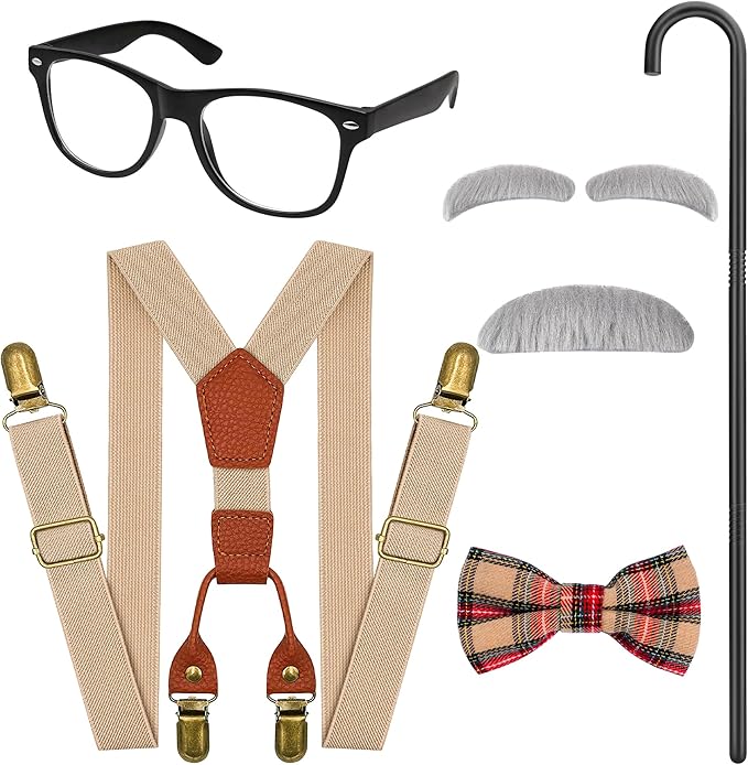 Horolam Kids Old Man Costume, Kids 100 Days of School Costume for Boys with Fake Beard Eyebrow Walking Cane Glasses Suspender
