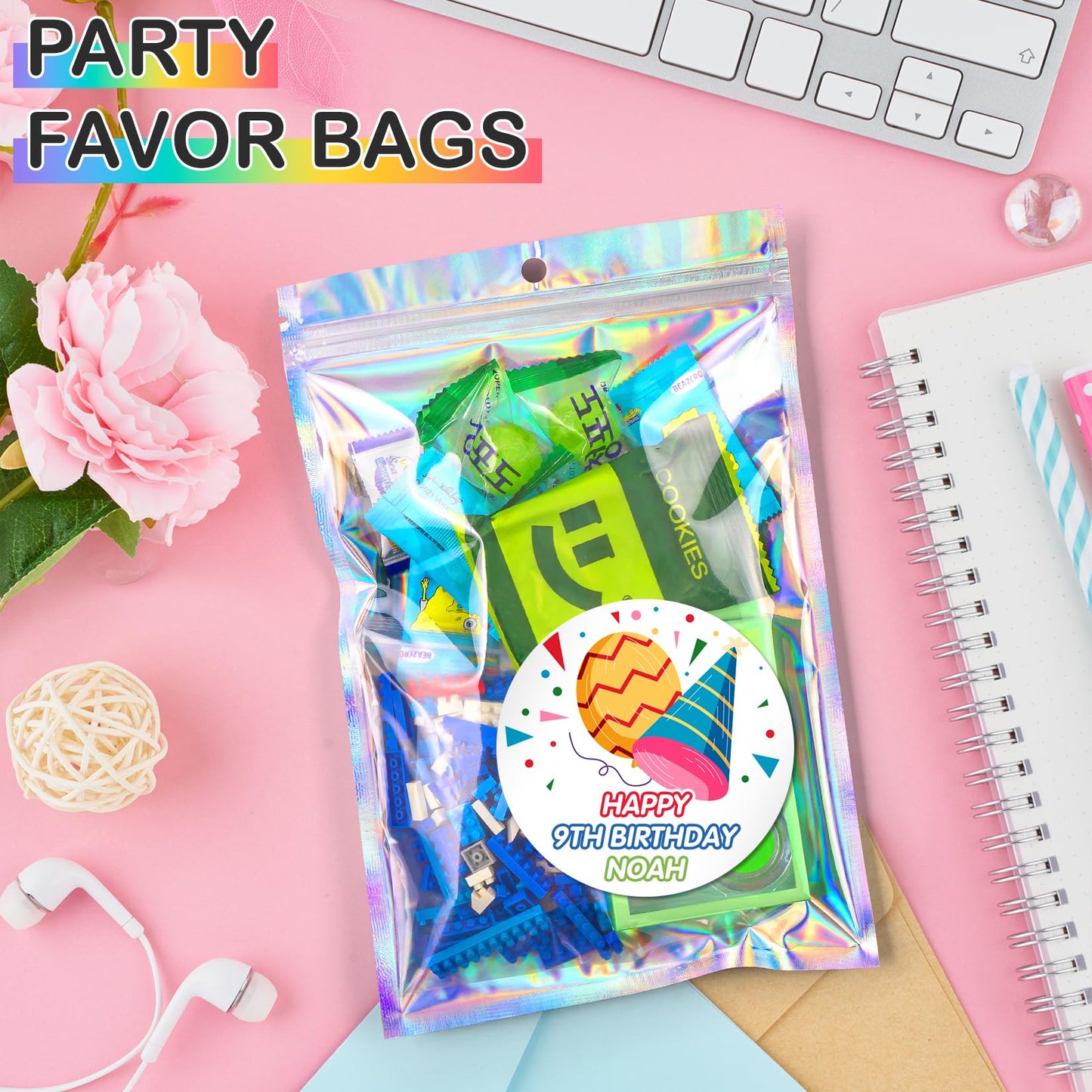 Funfery 6.3x9.4in Smell Proof Holographic Resealable Bags,Mylar Foil Bags with Zipper,Iridescent Party Favor Bag for Goodies,Candy,Treat,Clear Packaging Bag for Food Storage,Business Supplies-50pcs