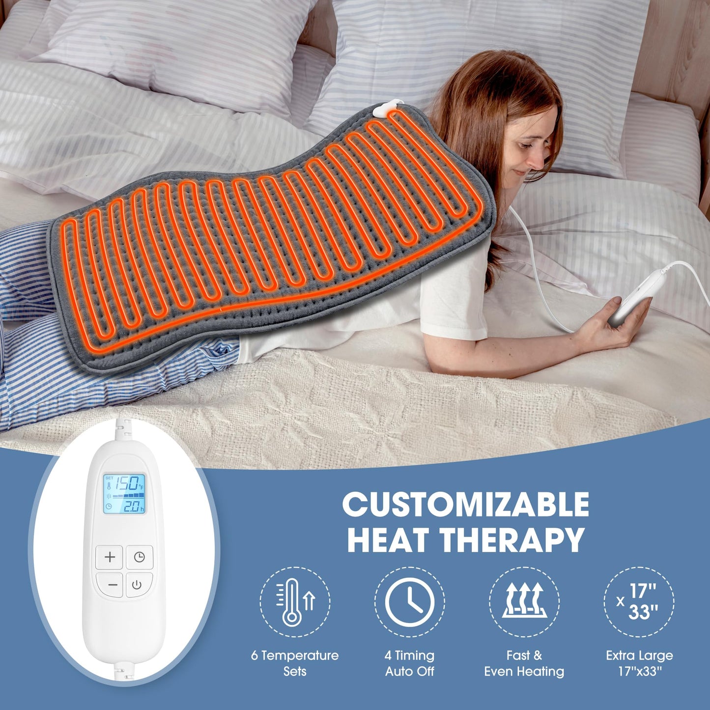 FluffyWarmth Electric Heating Pad for Back, Extra Large 17''x 33'' XXXL for Full Body,Menstrual Period Cramps,Neck Shoulder Back Pain Relief, 6 Heat Settings 4 Timers Heating Pad, Gifts for Women Men