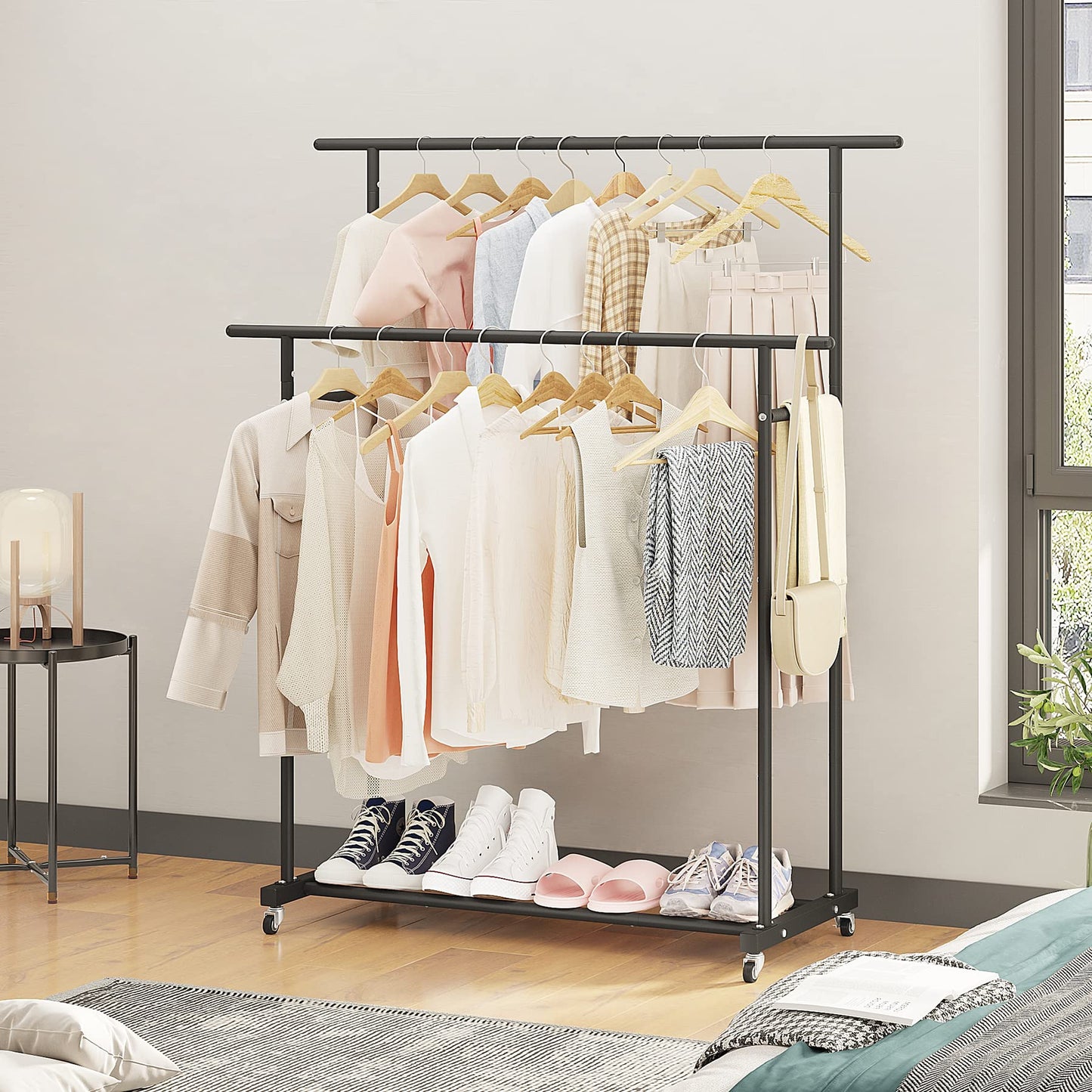 Calmootey Double Rod Clothing Garment Rack,Rolling Hanging Clothes Rack,Portable Clothes Organizer for Bedroom,Living Room,Clothing Store,Black