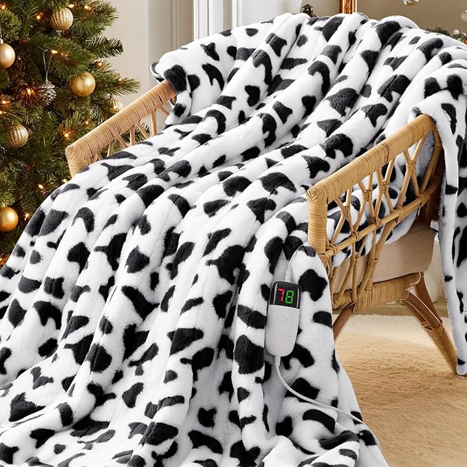 Black Heated Electric Blanket Throw,50X60 Cow Print Heating Blanket with 10 Heats Levels & 8 Hours Auto Off,Cute Cow Decor...