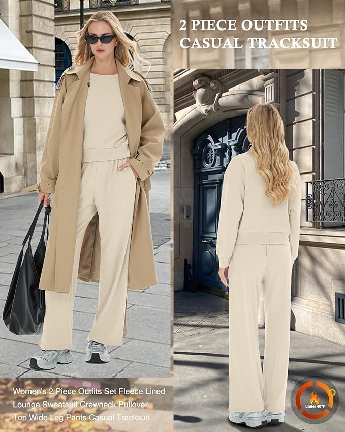 Sweetyweee Women's 2 Piece Outfits Set Fleece Lined Lounge Sweatsuit Crewneck Pullover Top Wide Leg Pants Casual Tracksuit
