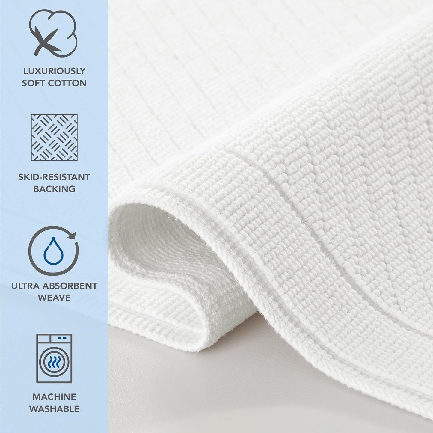 Arkwright 100% Cotton Bathroom Rug - High Absorbent Stylish Textured Woven Design Bath Mat, Slip Resistant Backing for Shower and Bathtub Floor, 17x24 in - White