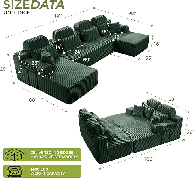 141" U-Shaped Cloud Modular Sectional Sofa with Chaise & Headrest, Boneless Deep Seat Plush Corduroy Couches for Large Living Room, No Assembly Required (Green, 141" U-shapred Chaise)