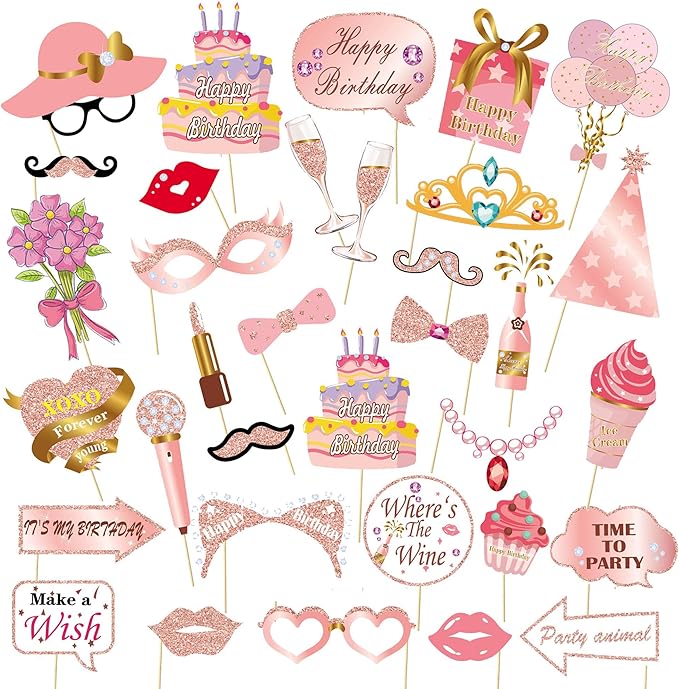 33PCS Glitter Birthday Photo Booth Props, LMSHOWOWO Rose Gold Party Photobooth Props Fun Selfie Props with Lips, Crowns, F...
