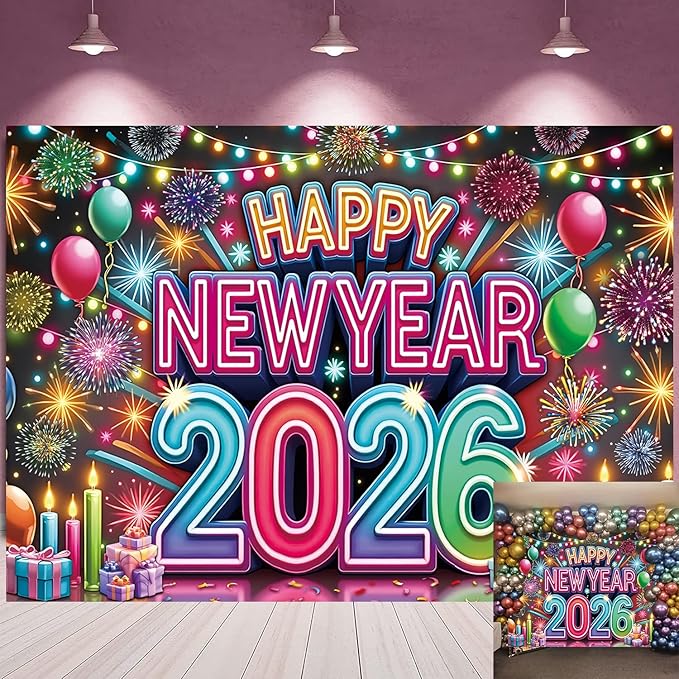 2026 Neon Happy New Year Backdrop Colorful Fireworks Balloons New Year's Eve Photography Background Cheers to 2026 Holiday...