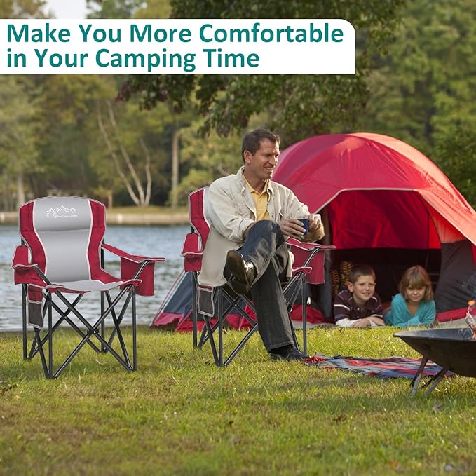 SAILARY Camping Chair Heavy Duty High Back Folding Chair with Cup Holder, 450lbs Capacity, Padded Seat, Cooler Bag & Storage Pocket, Portable for Outdoor, Beach, Fishing, Sports, 2 Pack Red