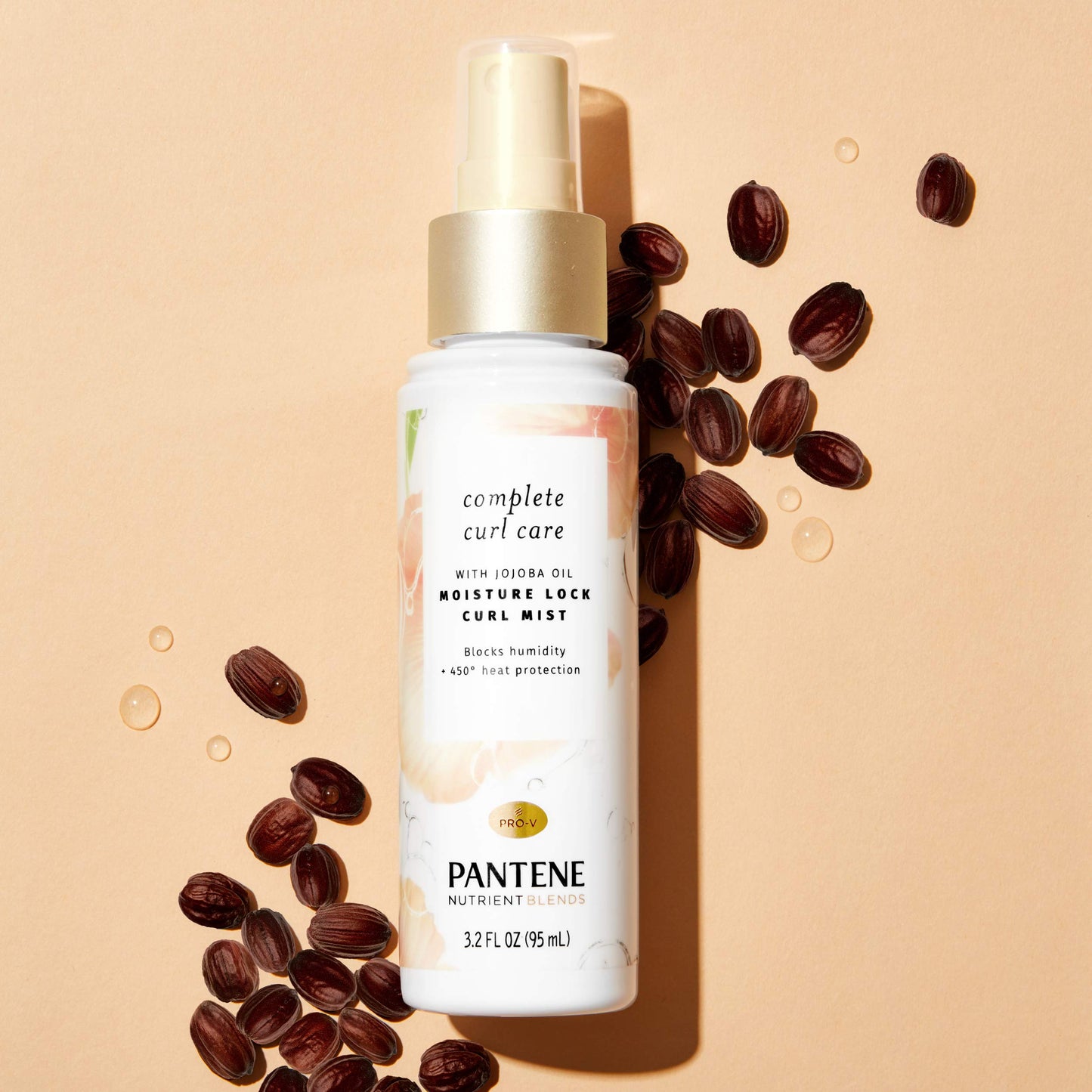 Pantene Heat Protectant Spray with Jojoba Oil for Curly Hair, Nutrient Blends Moisture Lock Curl Mist, Sulfate Free, 3.2 fl oz T