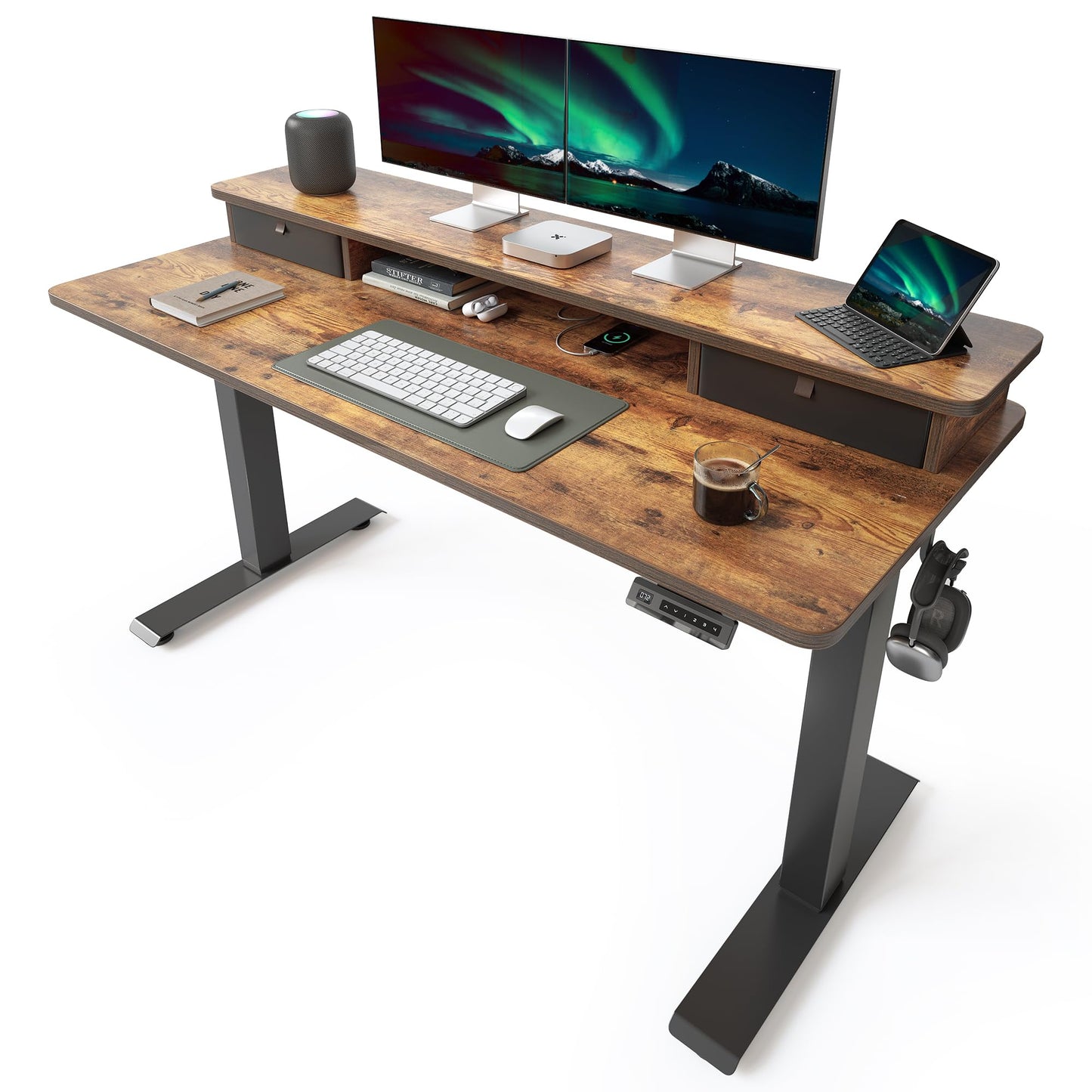 Cubiker 55 x 24 Electric Standing Desk with Double Storage Drawers, Height Adjustable Home Office Computer Workstation, 4 Adjustable Feet & 2 Hooks, Rustic Brown