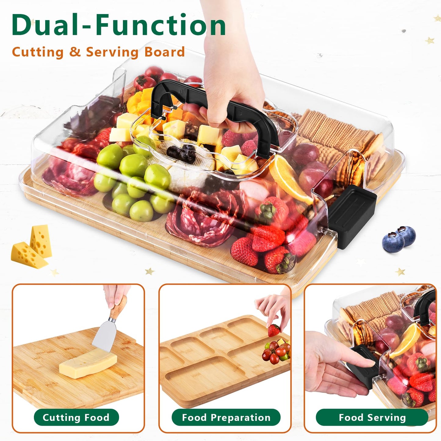 Charcuterie Board with Lid and Handle, Portable Travel Bamboo Cheese Board Set with 4 Cheese Tools, Gift for Housewarming, Weddings, Picnics, Christmas (6 Compartments, Black)