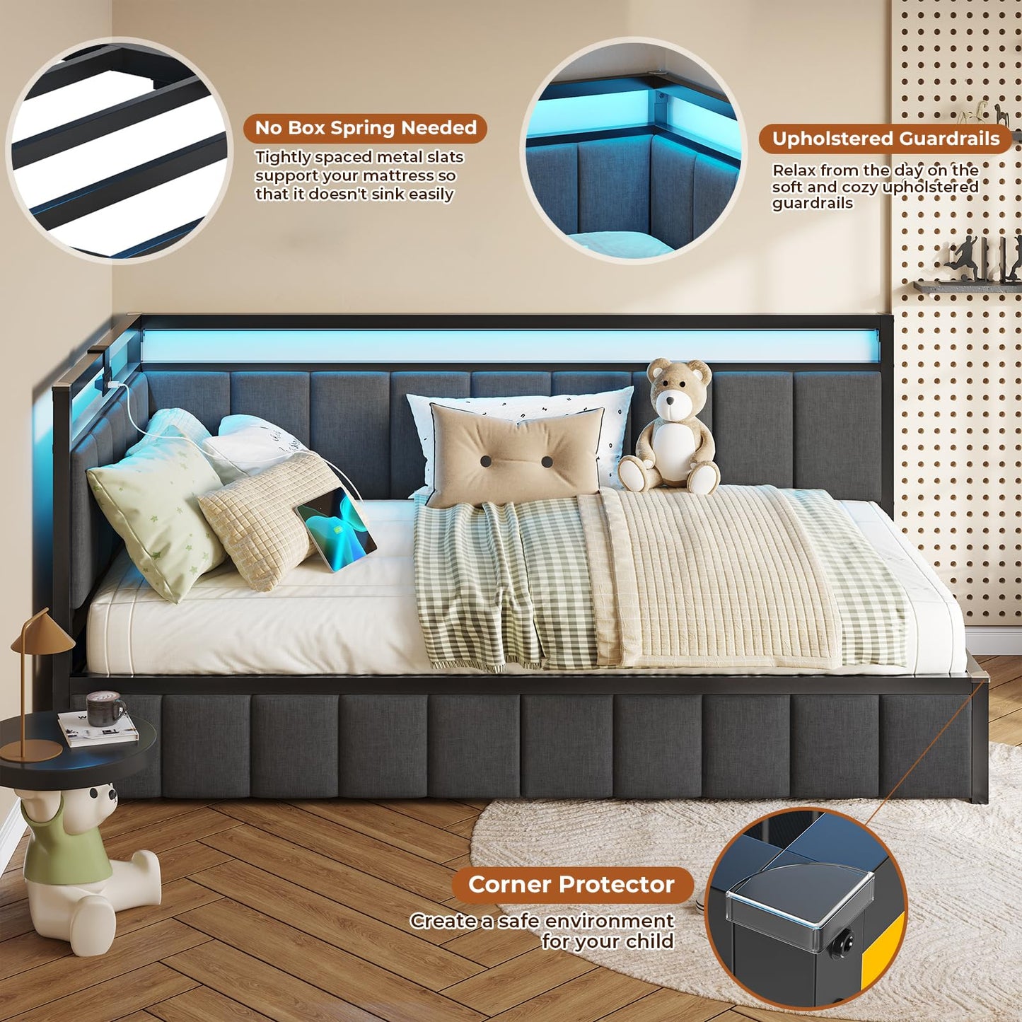 DICTAC Twin XL Bed Frame with 2 Storage Drawers and Charging Station Twin XL Size Platform Corner Bed Frame with Led Lights and Upholstered Guardrail Daybed for Living Room,Bedroom and Guest Room,Gray