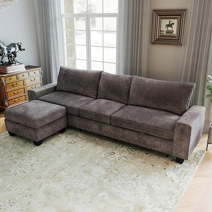 Couchus 112“ Convertible Storage Sectional Sofa,L Shaped Couch with Storage Ottoman,Multi-Functional Reversible Sofa with Huge Storage Space, Breathable Fabric(Dark Grey)