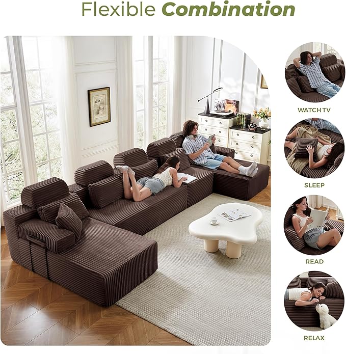 171" U-Shaped Cloud Modular Sectional Sofa with Chaise & Headrest, Boneless Deep Seat Plush Corduroy Couches for Large Living Room, No Assembly Required (Brown, 171" U-shapred Chaise)