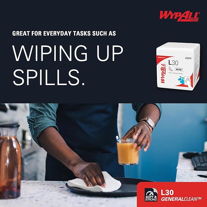 WypAll GeneralClean L30 Cloths Heavy Duty Cleaning Wipes (05812), Quarterfold, Strong and Soft Bulk Paper Wipers, White (12 Packs of 90 Sheets, 1,080 Sheet Total)