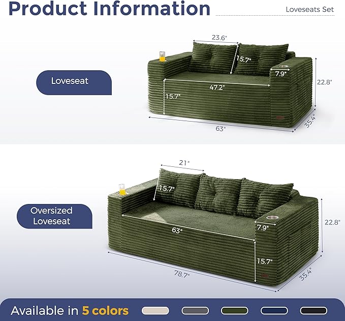 MAXYOYO Boneless Couch and Loveseat Sets for Small Spaces, Mini Love Seat Floor Couch with Cup Holders and Pillows, Upholstered Cloud Couch for Bedroom Apartment, No Assembly Required