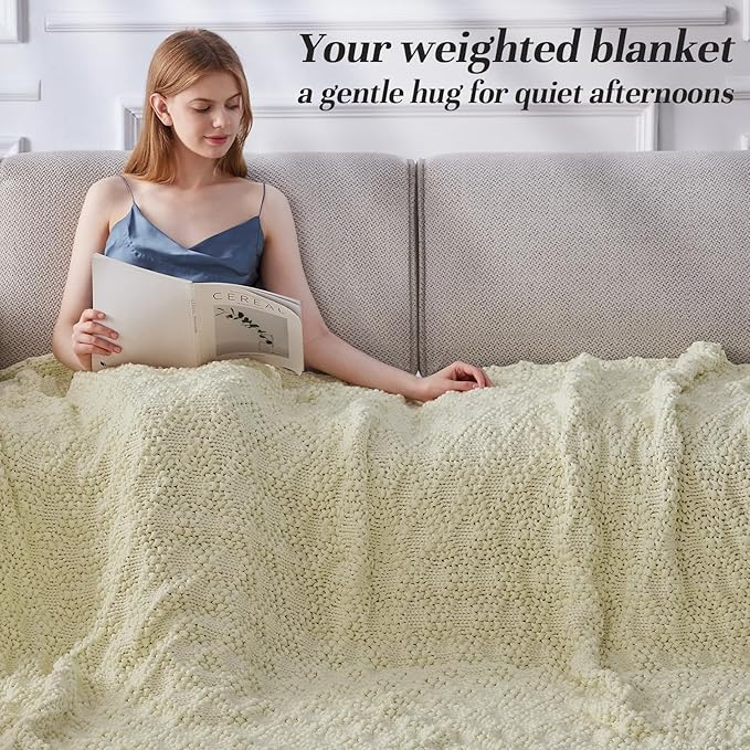 Knitted Weighted Blanket for Adult, Chunky Knit Weighted Throw for Sleep 60"*80" 10lbs, Cooling Breathable Machine Washable Heavy Blanket for Room Decor (Cream White, Queen)