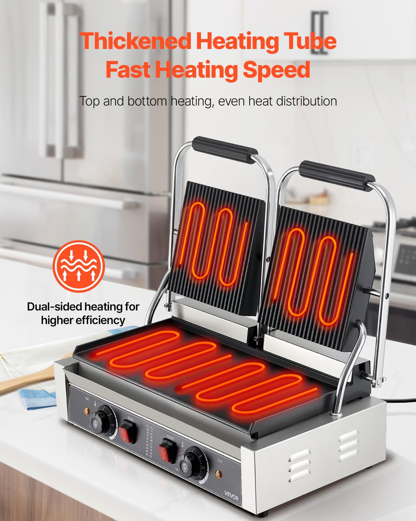 VEVOR Commercial Panini Grill, 3600W Electric Sandwich Panini Maker, Stainless Steel Double Sandwichs Press Grill with Handle and Temp Control, 19x9 in Flat Enamel Plate for Hamburger Steak Bacon