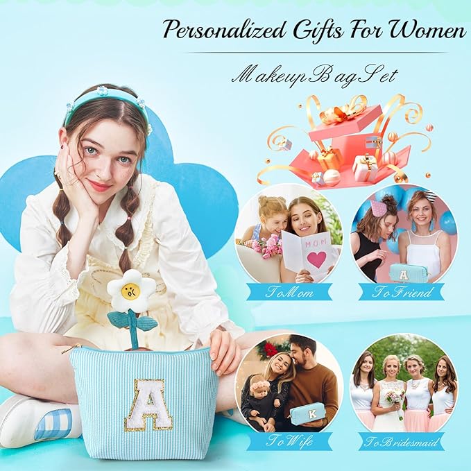 YOOLIFE Makeup Travel Bag Makeup Pouch - Initial Travel Makeup Bag Cosmetic Bag Birthday Gift Wedding Gifts Cute Bridesmaid Gifts Friend Birthday Gifts for Women Her Gifts for Teenage Girls W