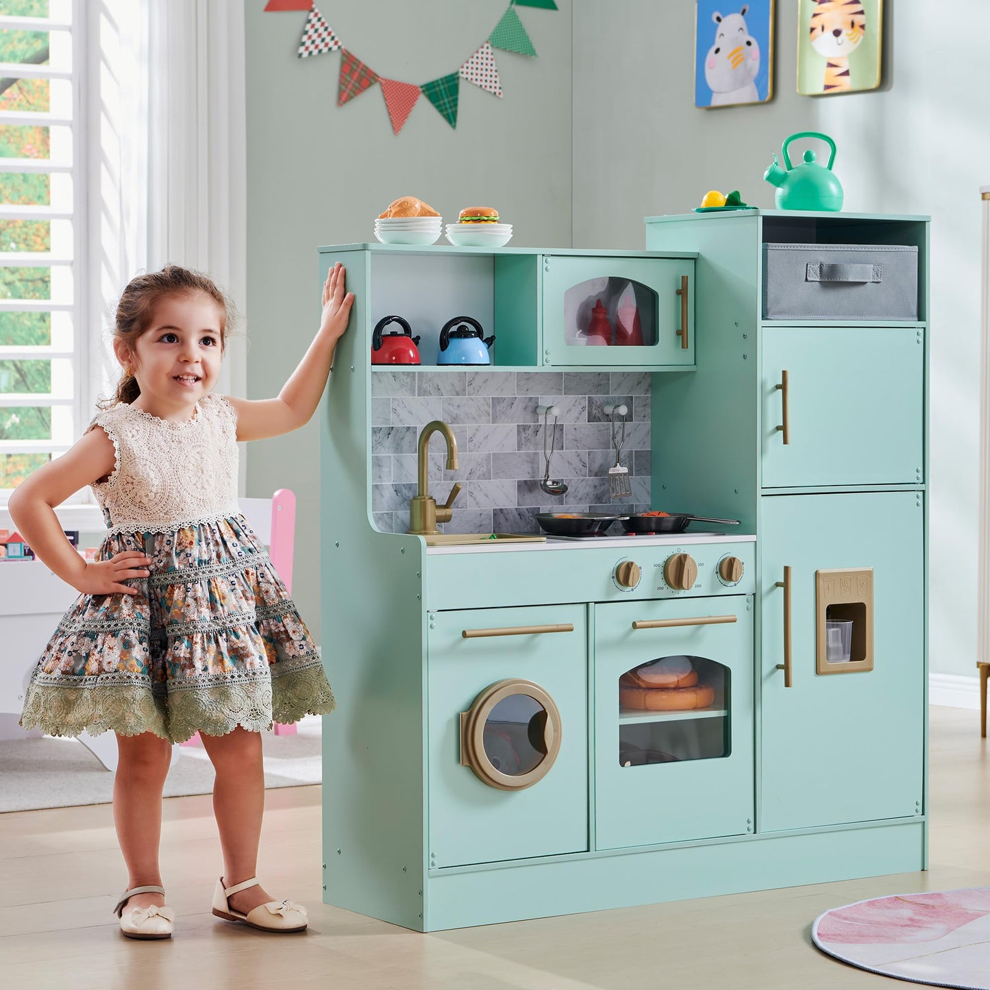 IFBUY Play Kitchen for Kids, Wooden Kids Kitchen Playset with Lights and Sounds, Kitchen Set for Toddler with Storage Box, Ice Maker, Oven and 11 Accessories for Boys and Girls Ages 3+ (Light Green)
