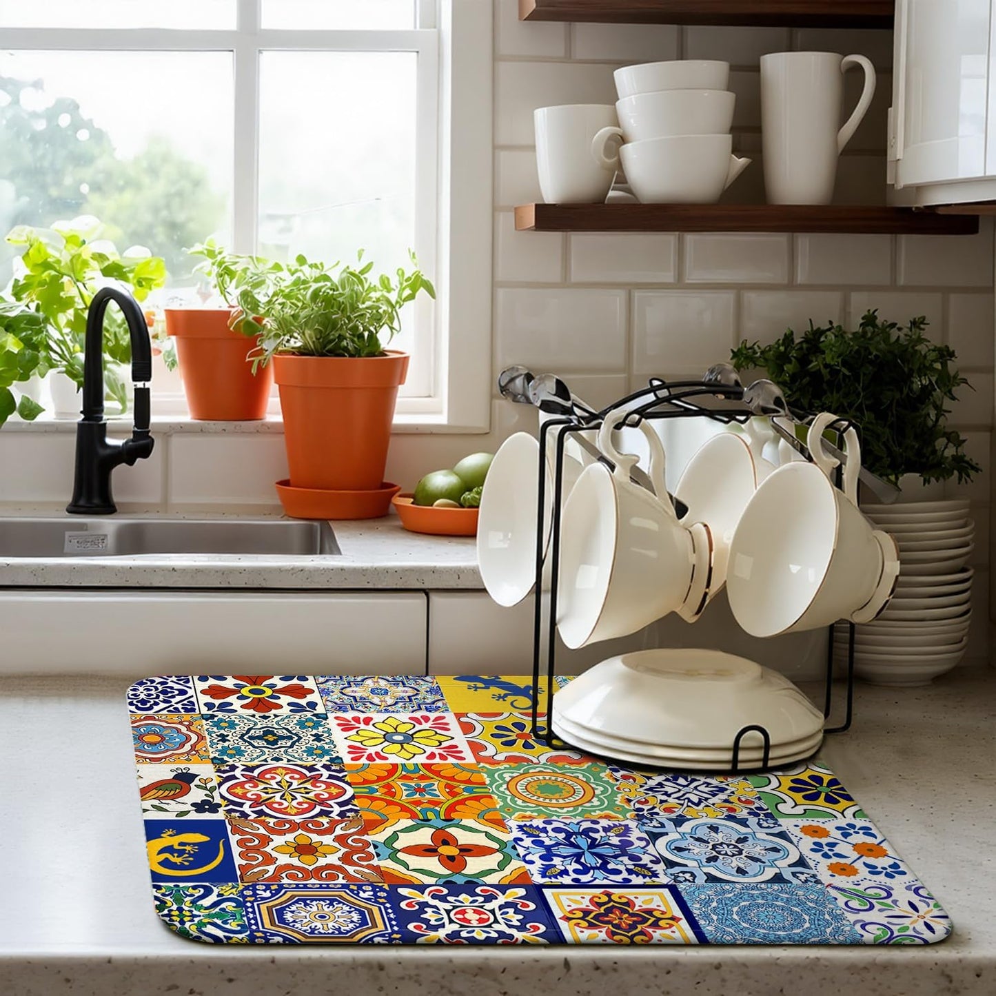 Mexican Tiles Drying Mat 16" X 18" Vintage floral Kitchen Counter Stone Dish Drying Mats For Kitchen Counter Xmas Drying Mats For Home Counter Drying Mats For Dishes Dish Table Mat Drying Mat